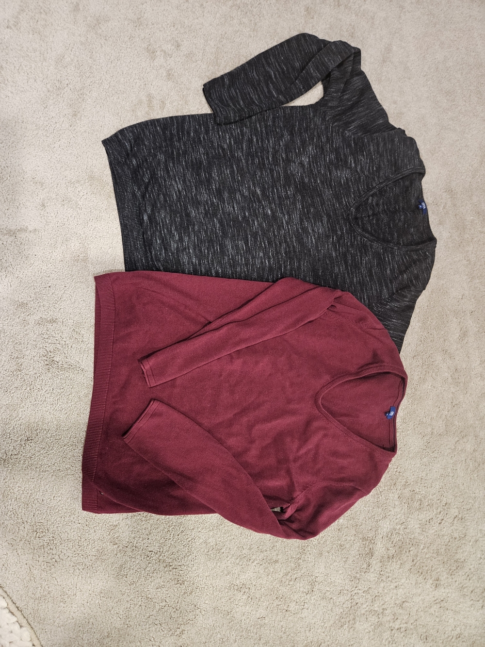 Two V-Neck Cecil Sweaters — Charcoal Heather & Burgundy